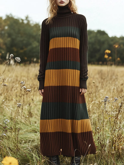 Fashionable and Casual Loose High-neck Contrast Striped Knitted Midi Dress