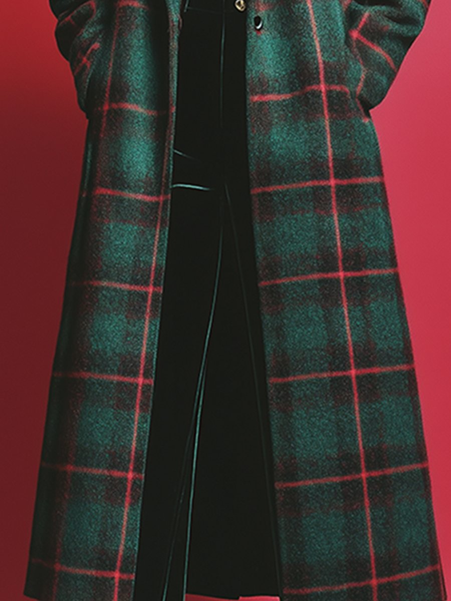 Retro Fashion Casual Lapel Single-breasted Pocket Plaid Long Coat