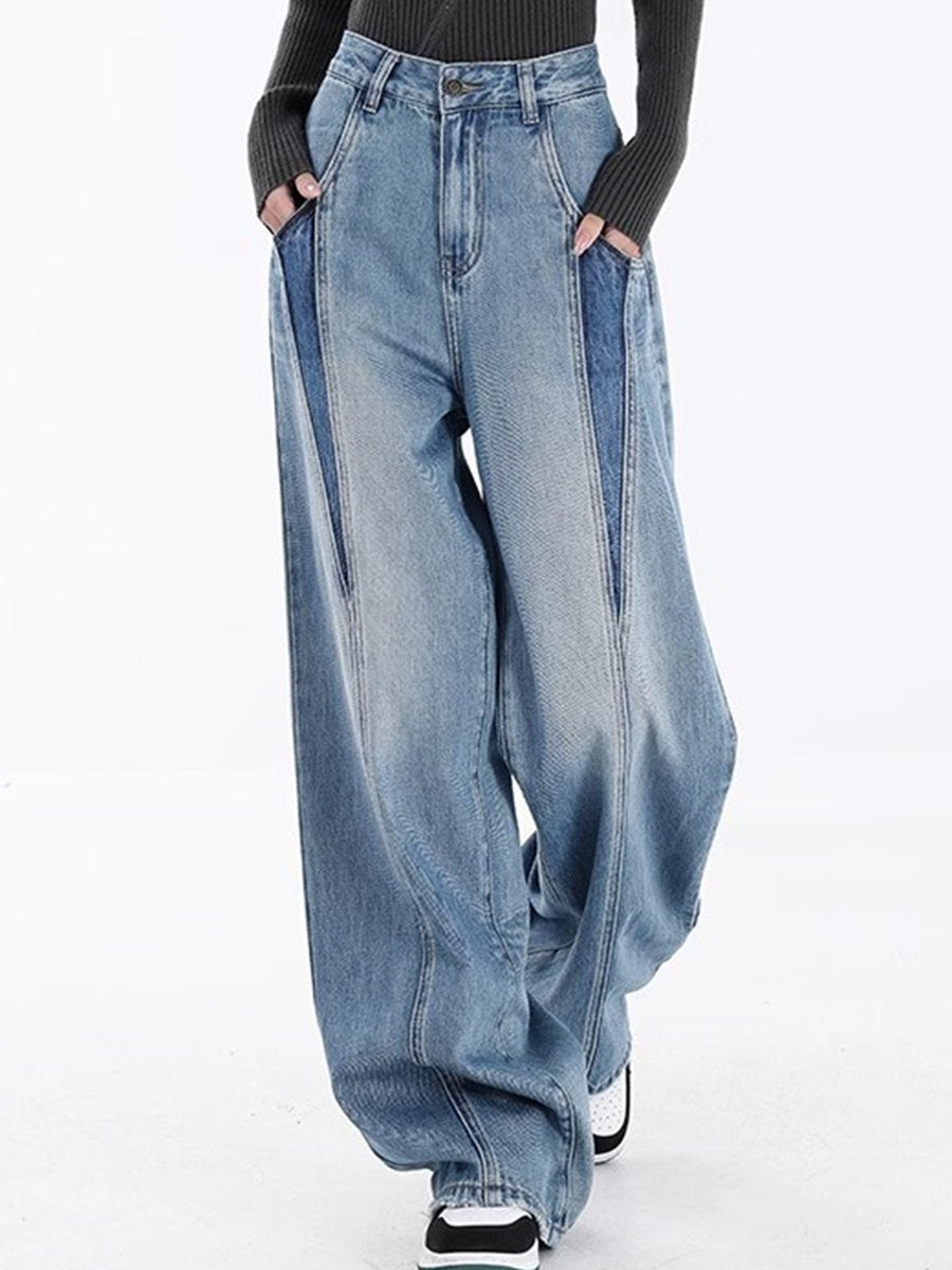 Fashion Retro Loose Stitching Contrast Color Jeans