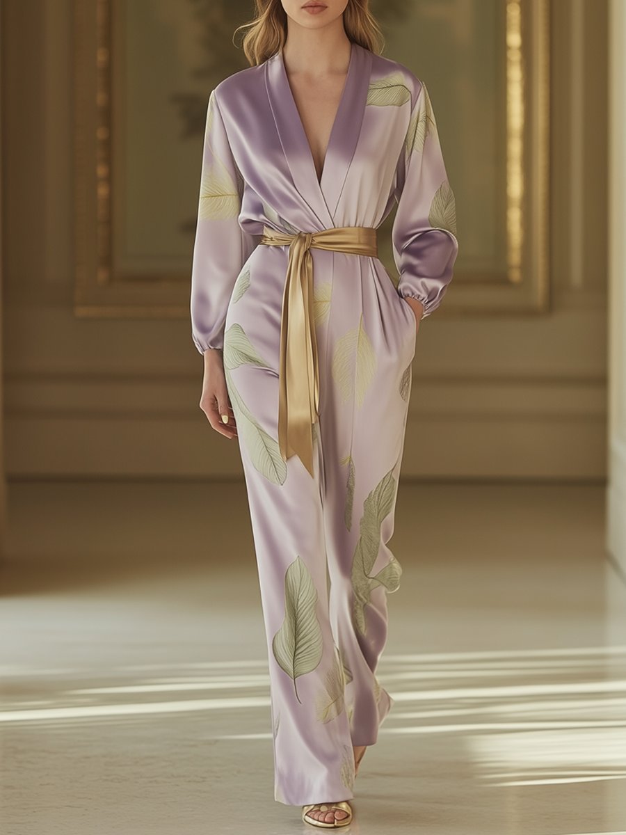 Lavender Satin Mint Green Leaf Print Jumpsuit