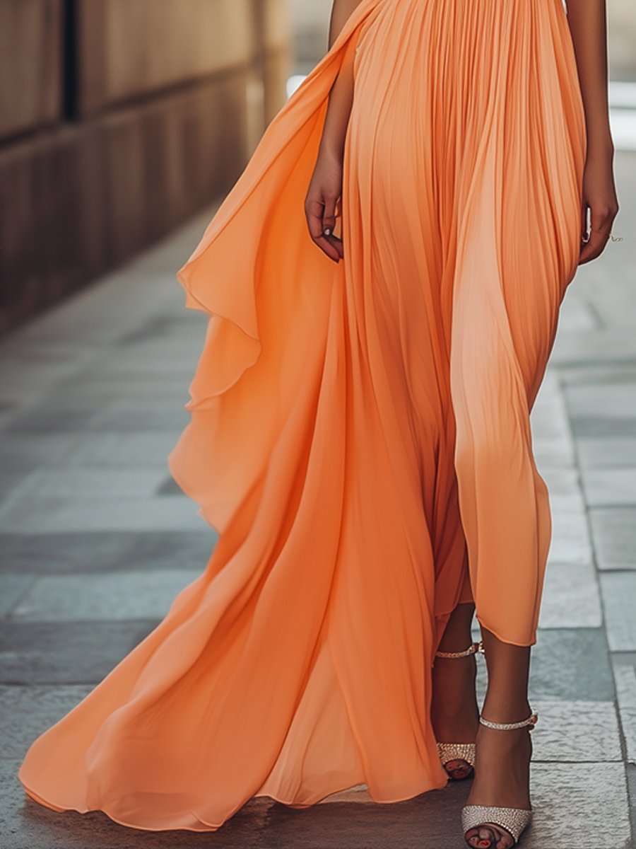 Graceful Off-The-Shoulder Coral Chiffon Maxi Dress