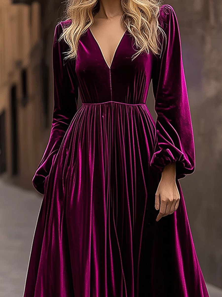 Retro Fashion V-Neck Puff Sleeve Waist Velvet Maxi Dress