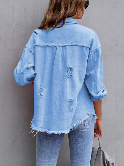 Fashionable Casual Solid Color Mid-length Ripped Long-sleeved Denim Jacket