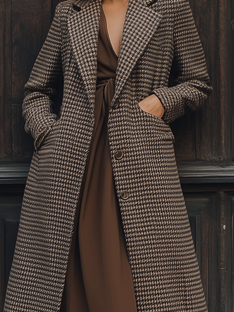 Fashion Retro Houndstooth Check Lapel Pocket Long Coat