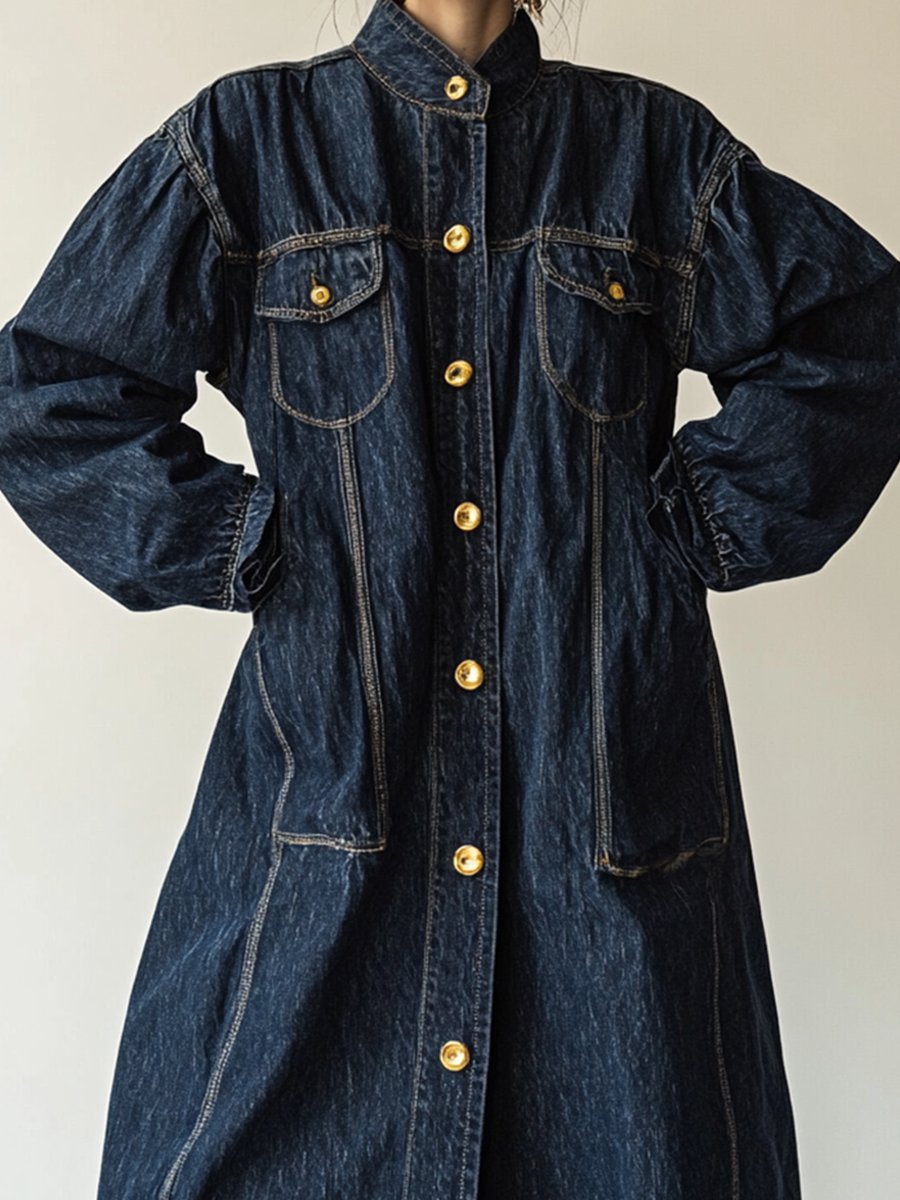 Retro Fashion Stand Collar Gold Button Large Pocket Long Denim Shirt Dress