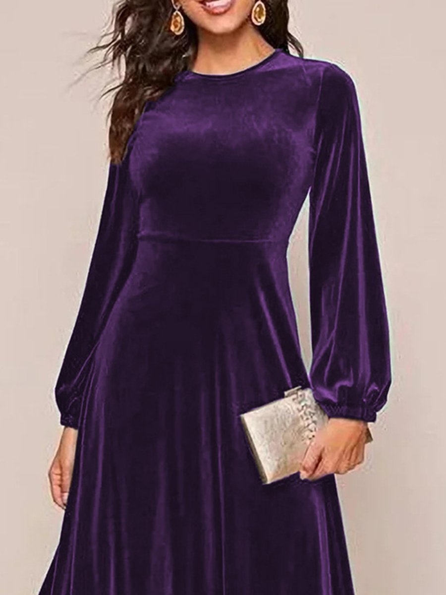 Retro Fashion Round Neck Long Sleeves Long Gold Velvet Dress