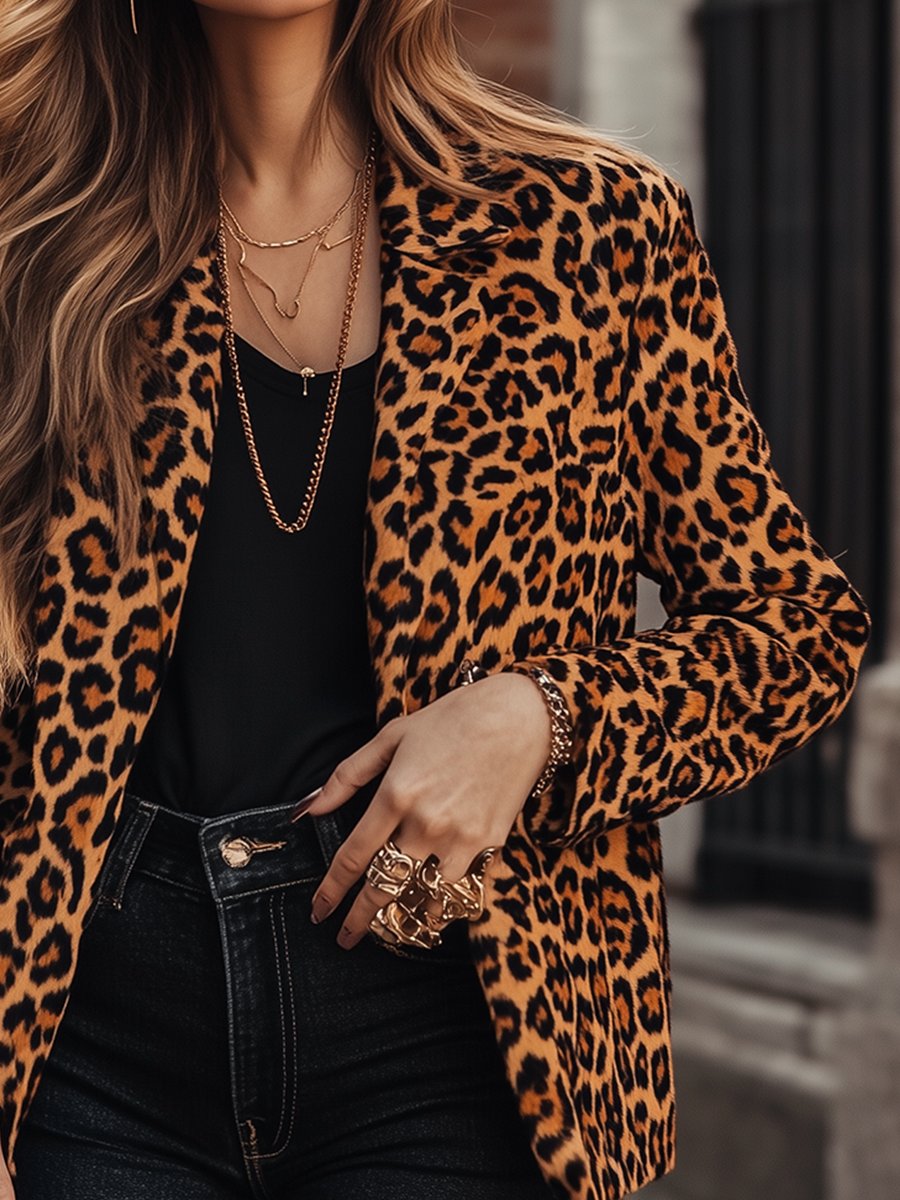 Retro Fashion Long Sleeve Leopard Print Lapel Blazer