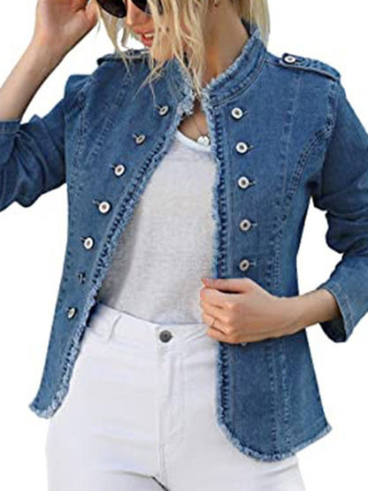 Retro Fashion Whisker Single Breasted Stand Collar Long Sleeve Short Jacket Denim Suit Jacket