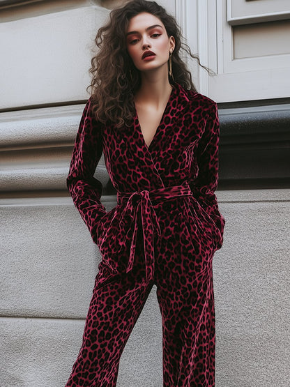 Retro Fashion Lapel Tie Wide Leg Dark Pink Leopard Print Jumpsuit