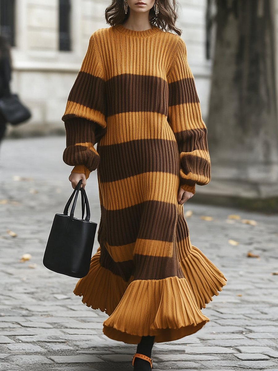 Fashion Casual Loose Oversized Round Neck Contrast Striped Knitted Maxi Dress