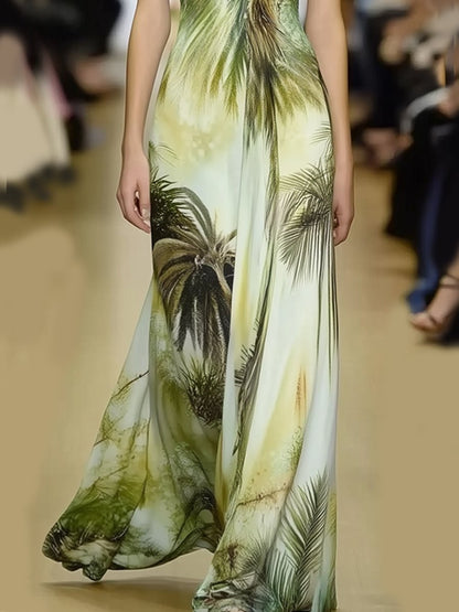 Exotic Palm Print  Deep V Neck Holiday Style  Maxi Dress