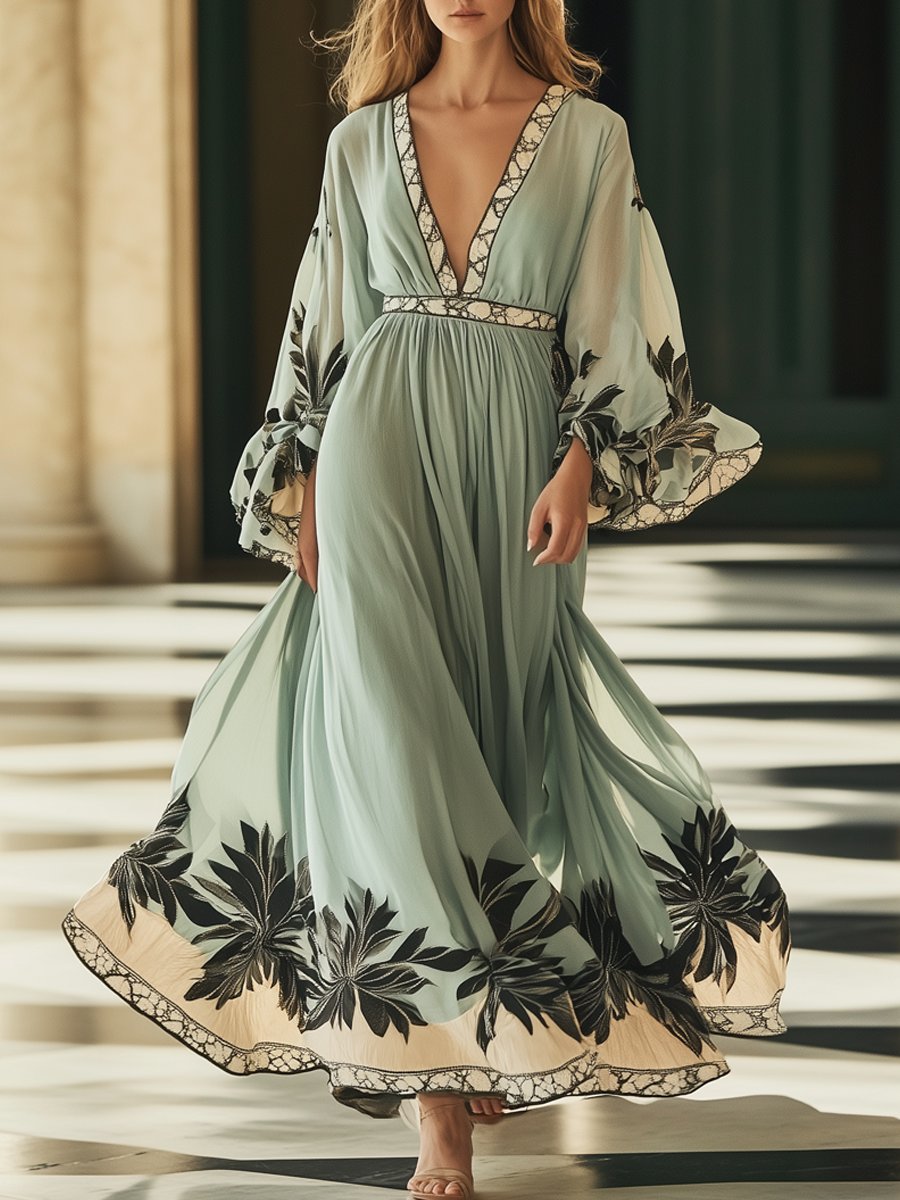 Flowy Light Green Floral Print Trumpet Sleeve Maxi Dress