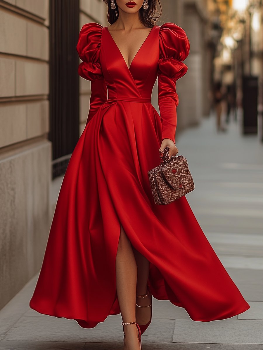 Elegant Satin V Neck Puff Sleeves Maxi Dress