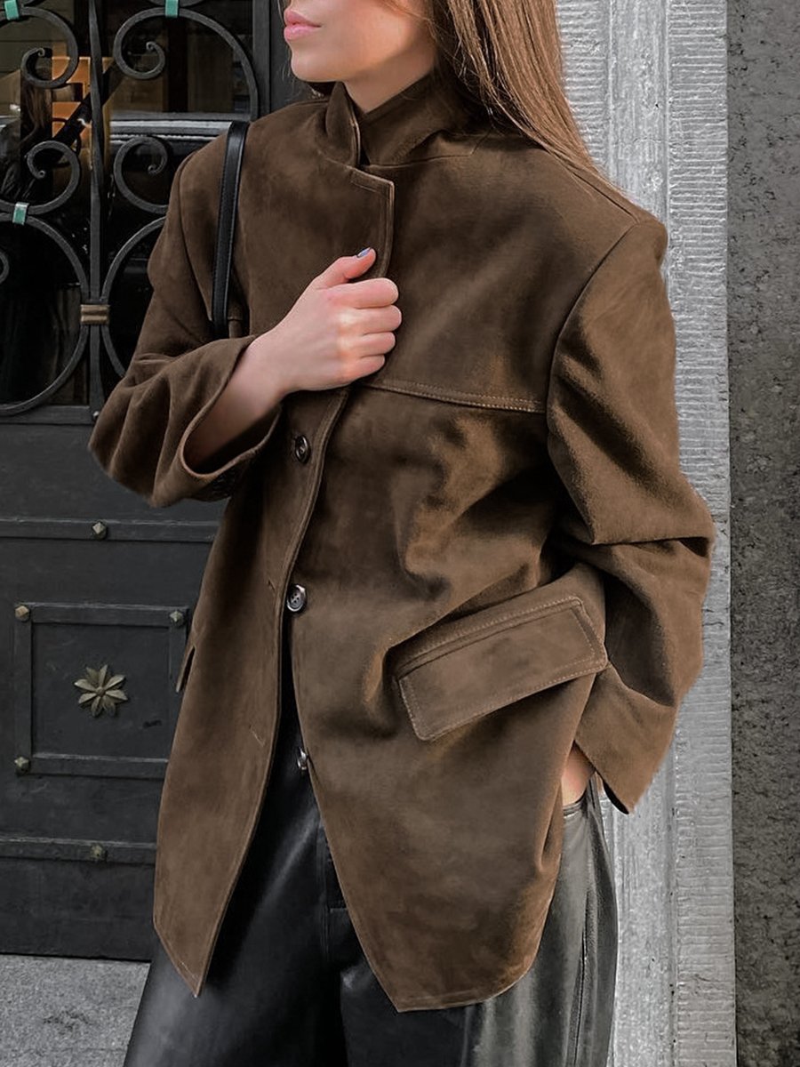 Vintage Brown Loose Pocket Long Sleeve Blazer