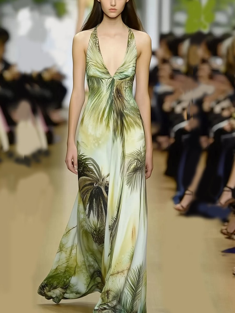 Exotic Palm Print  Deep V Neck Holiday Style  Maxi Dress