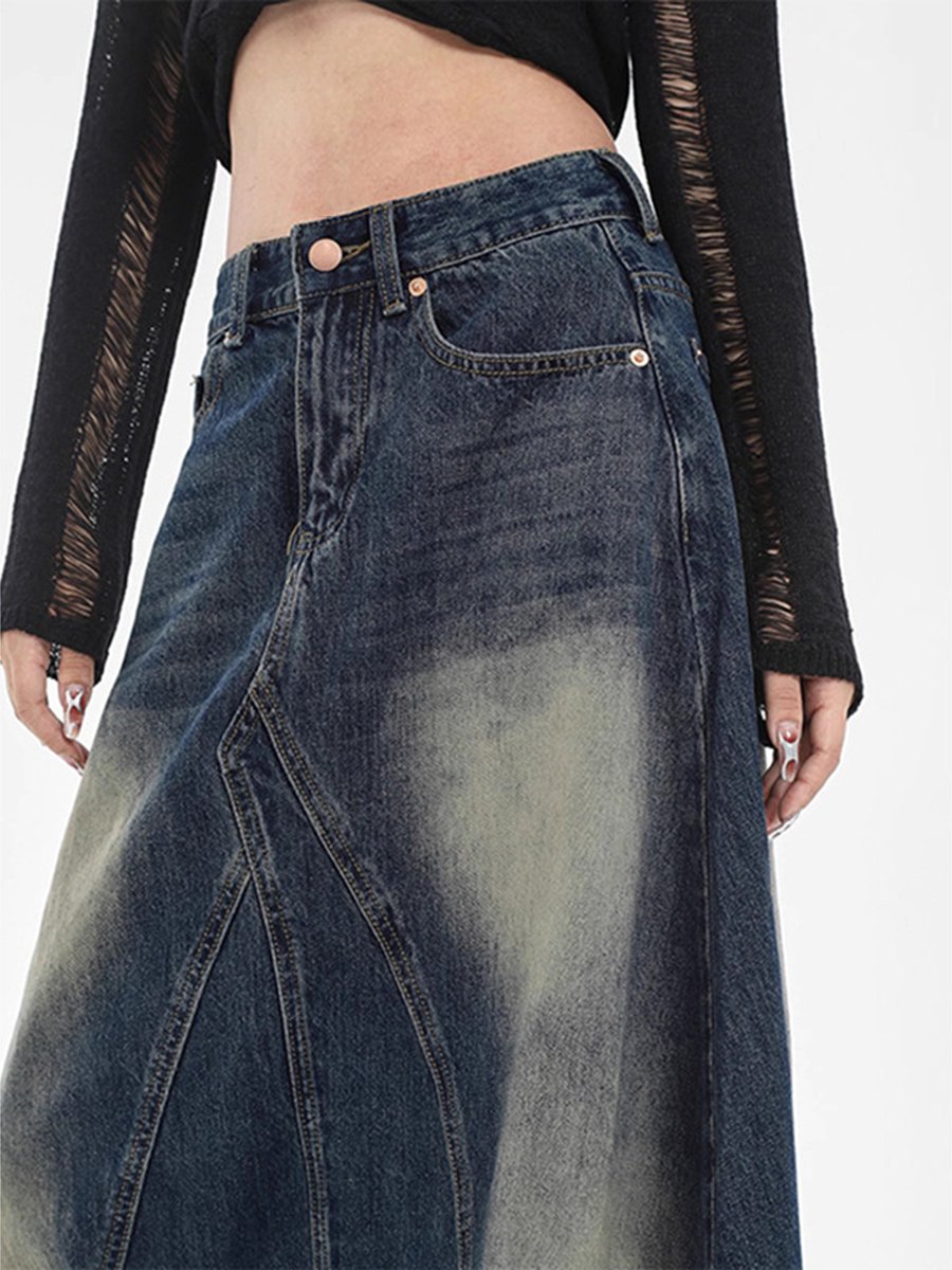 Fashion Retro High Street Distressed Frayed Edge Stitching Denim Skirt