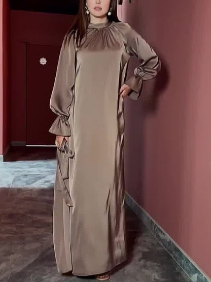 Classic Satin Long Sleeve Loose Belted Maxi Dress