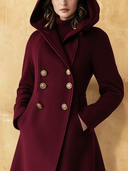 Retro Fashion Exquisite Hooded Button Pocket Slim Coat