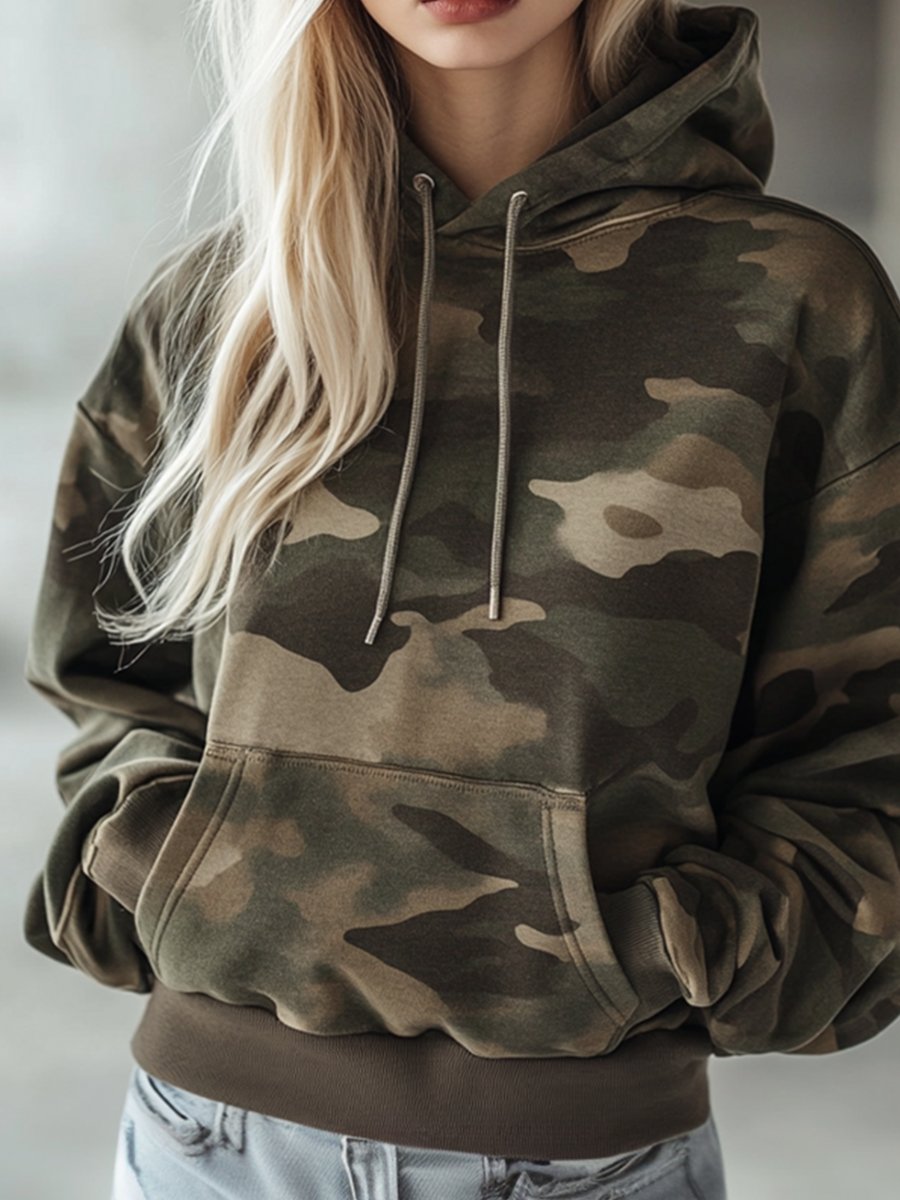 Vintage Casual Pocket Hooded Camouflage Sweatshirt