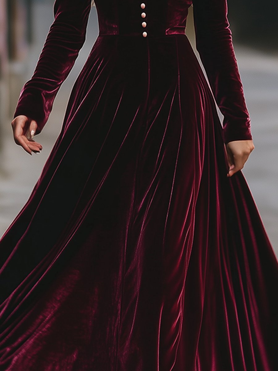 Retro Fashion V-Neck Waist Button Velvet Midi Dress