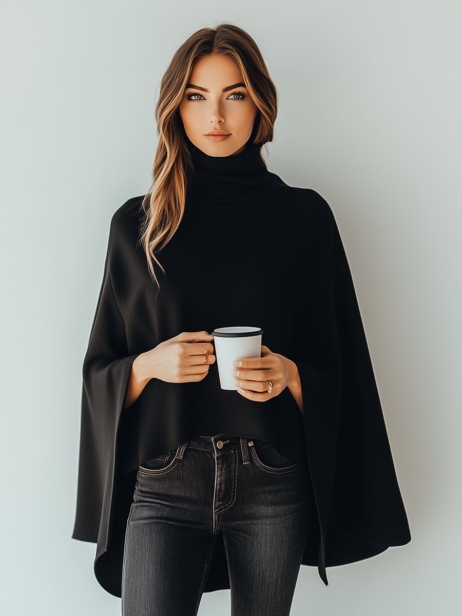 Urban Plain Loosen Turtleneck Poncho T-Shirt