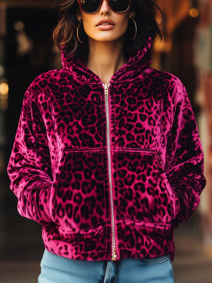 Fashion Retro Eye-catching Hooded Zipper Velvet Leopard Print Jacket