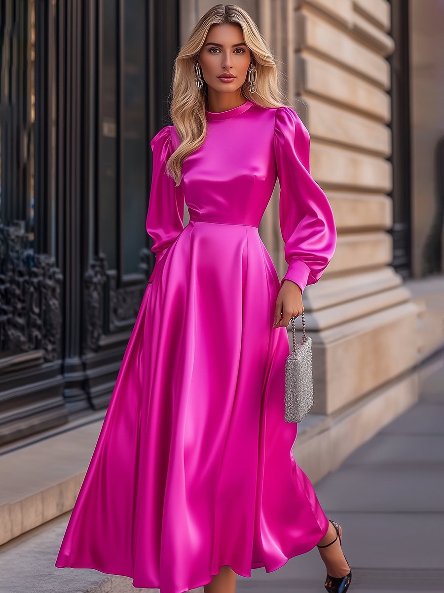 High-End Fashionable And Elegant Lantern Sleeve Satin Maxi Dress