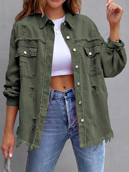 Fashionable Casual Solid Color Mid-length Ripped Long-sleeved Denim Jacket