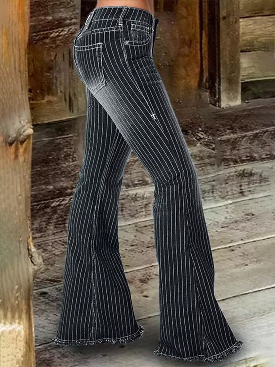 Vintage Fashion Mid-Rise Striped Flared Jeans