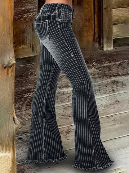 Vintage Fashion Mid-Rise Striped Flared Jeans