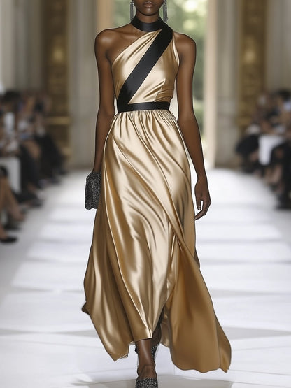 Chic Asymmetric Gold Satin Black Stripe Print Maxi Dress