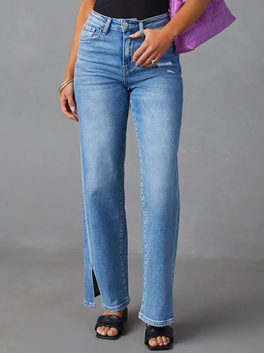 Casual High Waist Fashionable Slit Straight Stretch Jeans