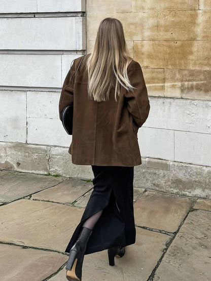 Vintage Brown Loose Pocket Long Sleeve Blazer