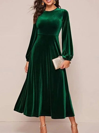 Retro Fashion Round Neck Long Sleeves Long Gold Velvet Dress