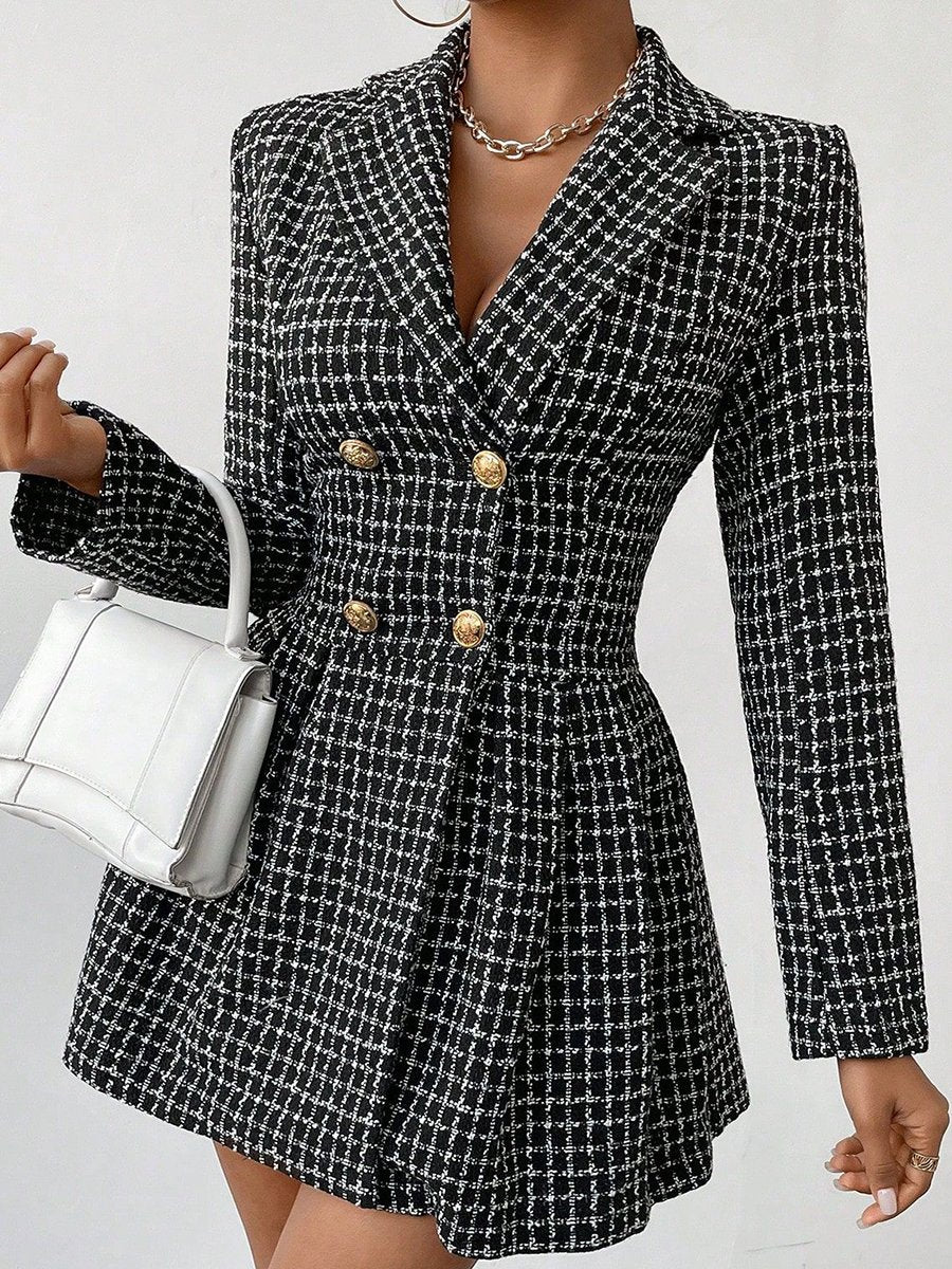 Fashionable Plaid Temperament Lapel Button Long Sleeve Mini Dress