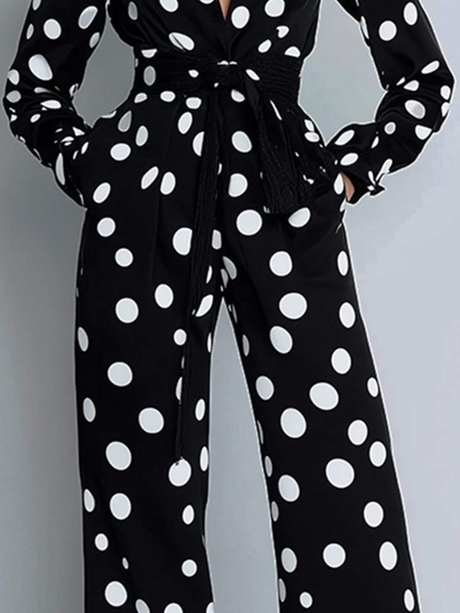 Fashion Retro Belt Lapel Large Polka Dot Long Sleeve Pocket Wide Leg Jumpsuit