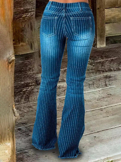 Vintage Fashion Mid-Rise Striped Flared Jeans