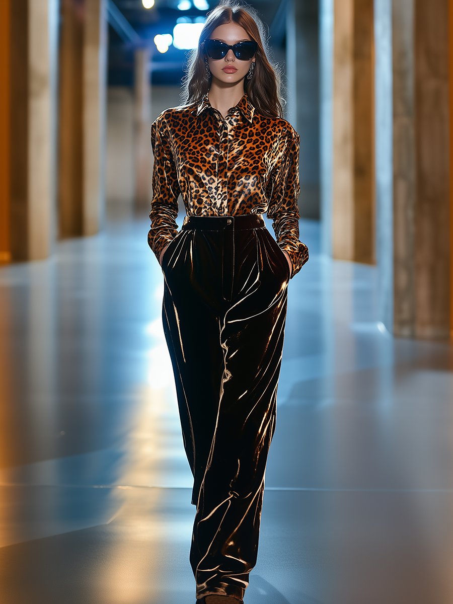 Luxury Fashion Vintage Leopard Print Lapel Velvet Shirt and Velvet Wide-leg Pants Two-piece Set