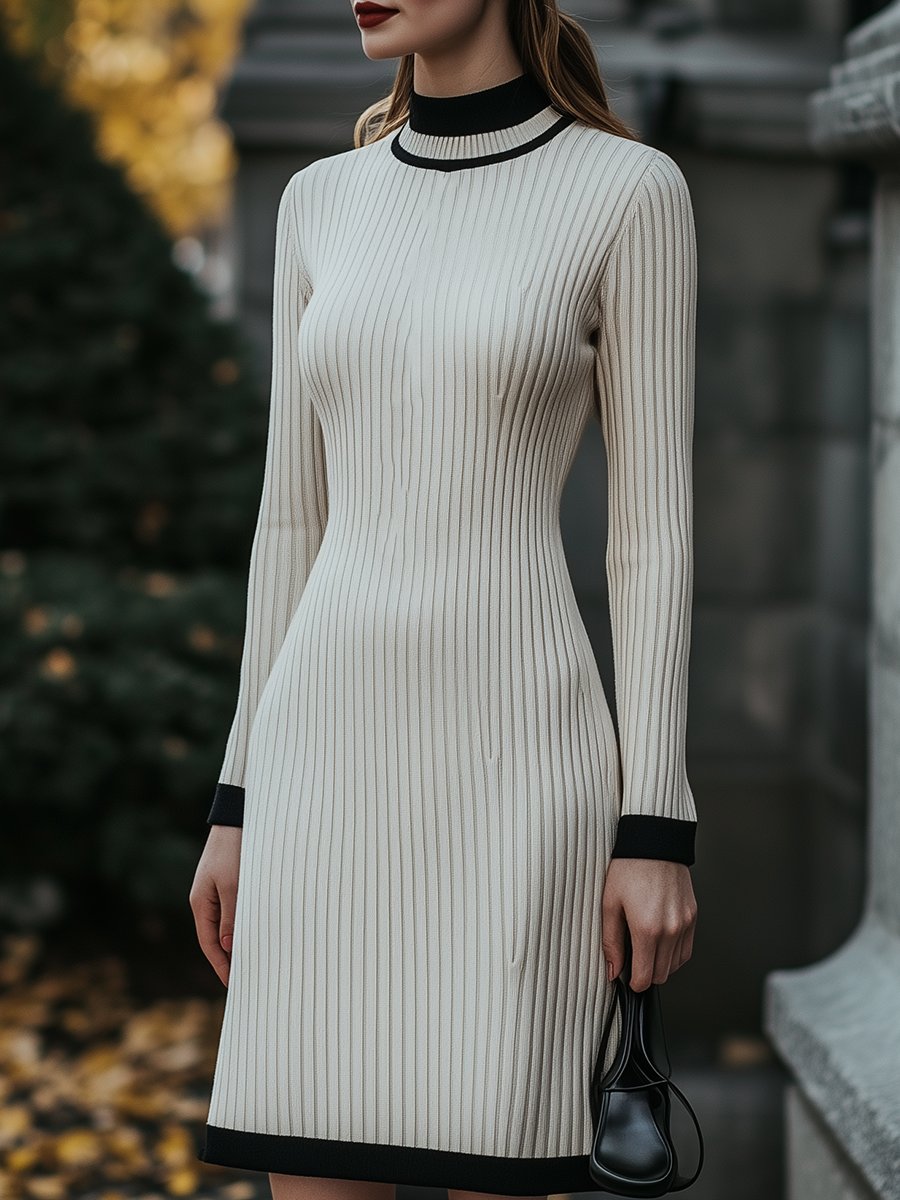 Casual Fashion High Collar Contrast Trim Long Sleeve Knitted Mini Dress