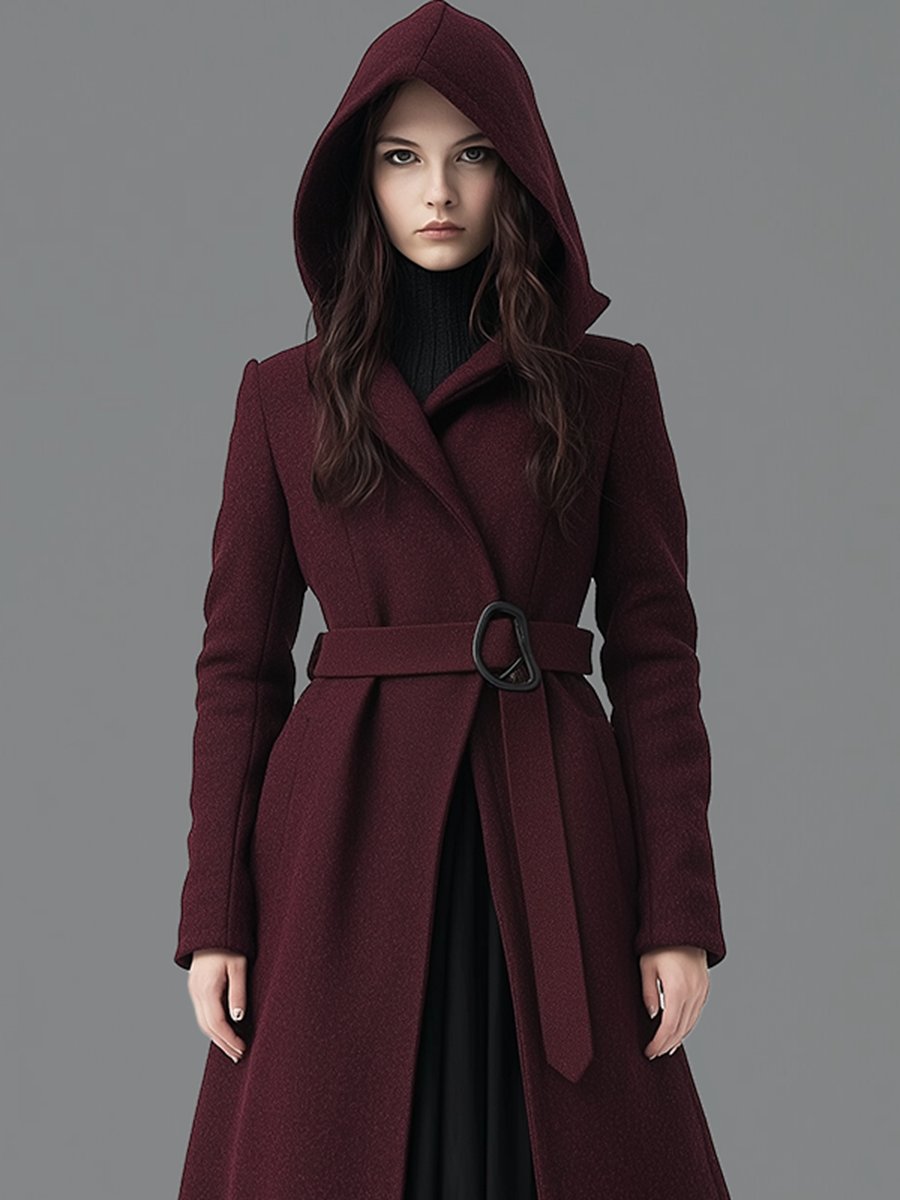 Retro Casual Hooded Waist Belt Long Coat