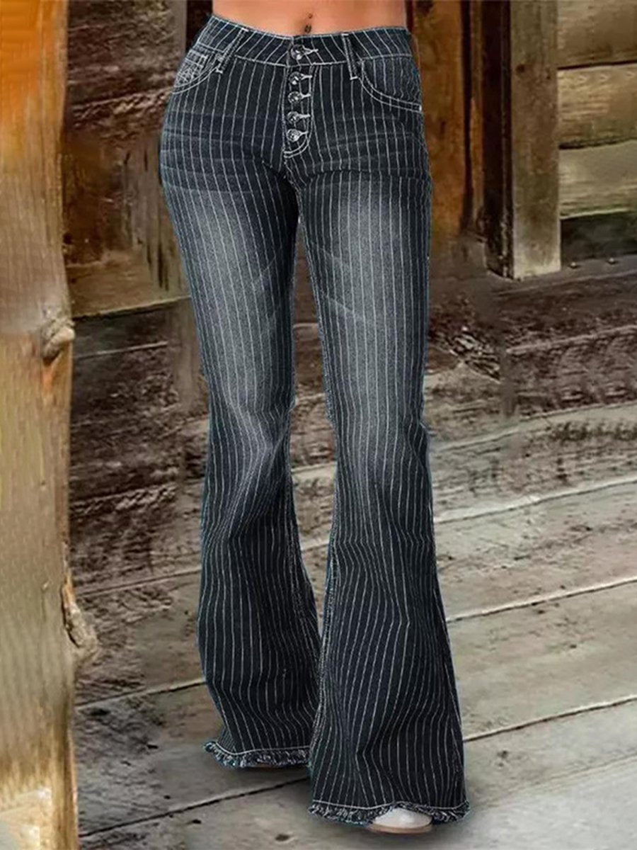 Vintage Fashion Mid-Rise Striped Flared Jeans