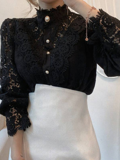 Luxurious Palace Style Lace Stand Collar Long Sleeve Shirt