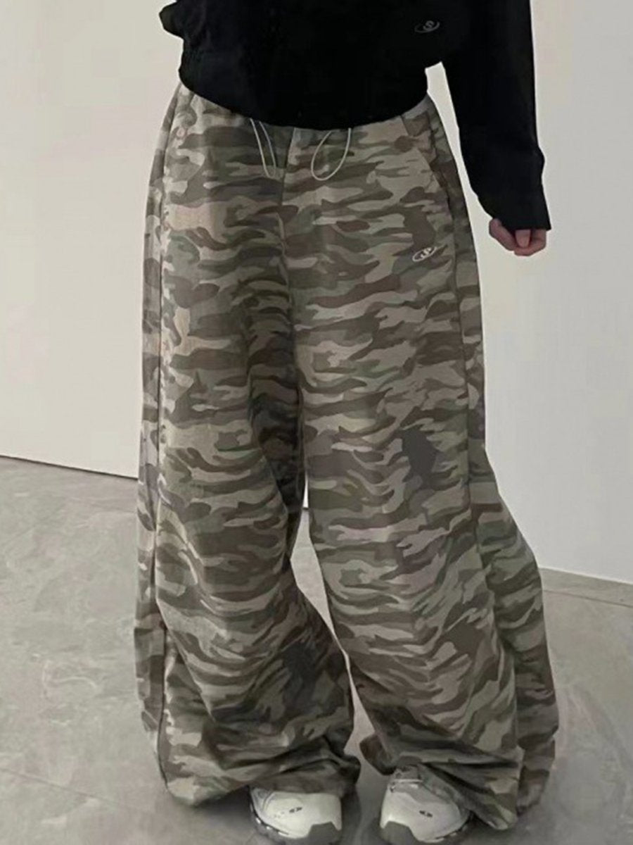 Camouflage Drawstring Trousers Loose Cargo Wide-leg Mopping Trousers