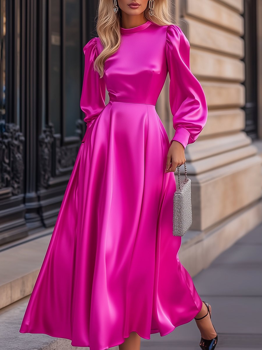 High-End Fashionable And Elegant Lantern Sleeve Satin Maxi Dress