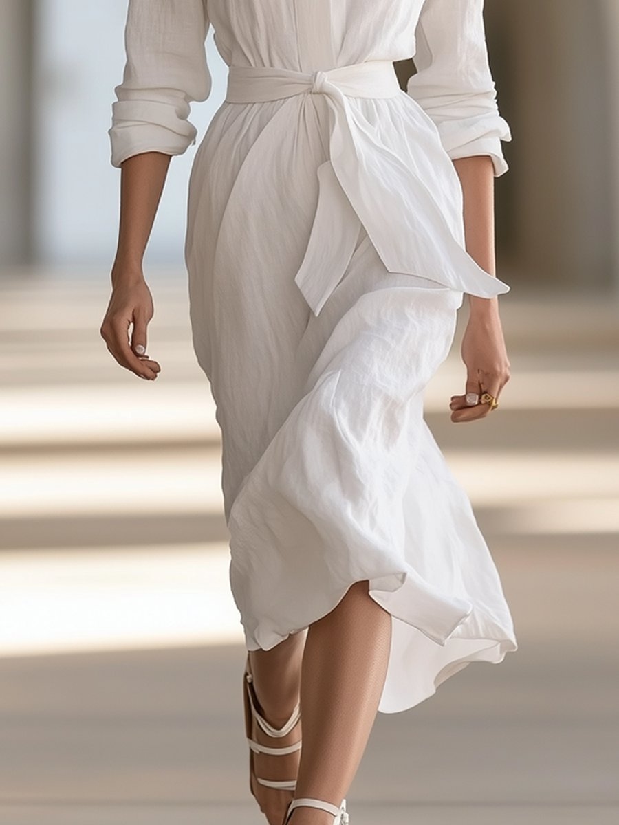 Chic White Shirt  With Belt Fastening Mini Dress