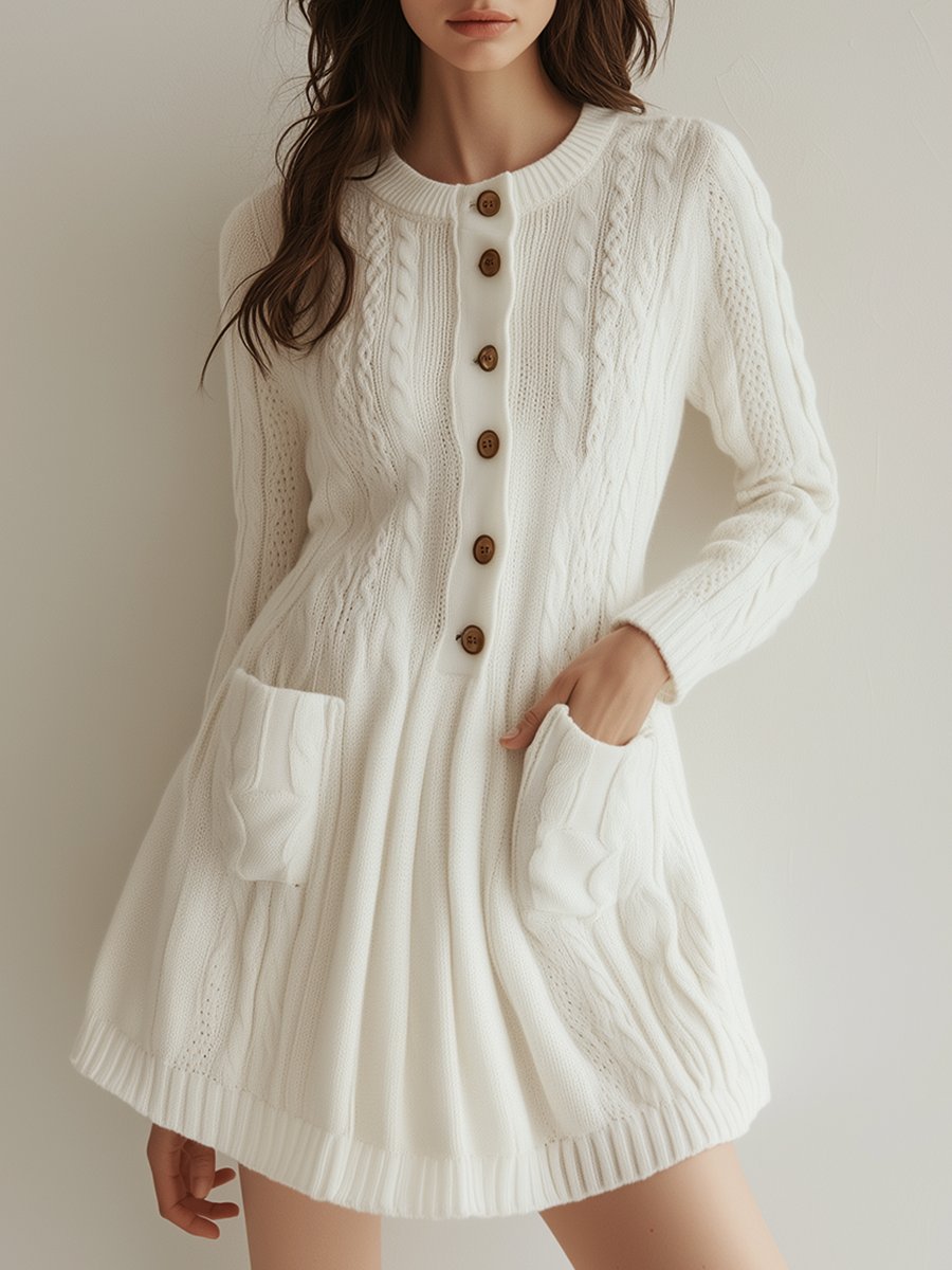 Casual Fashion Round Neck Button Pocket Long Sleeve Knit Mini Dress