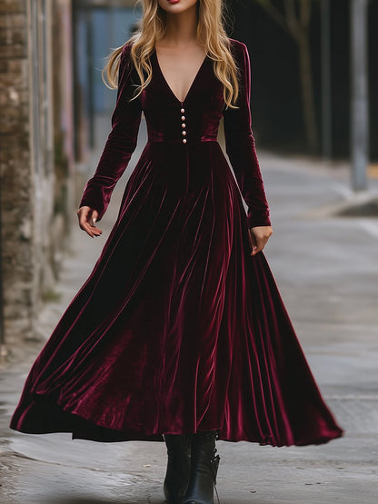 Retro Fashion V-Neck Waist Button Velvet Midi Dress