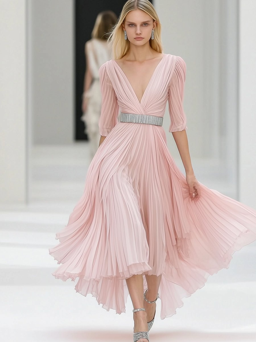 Elegant Pink Tulle V-neck Mid-length Sleeve Maxi Dress