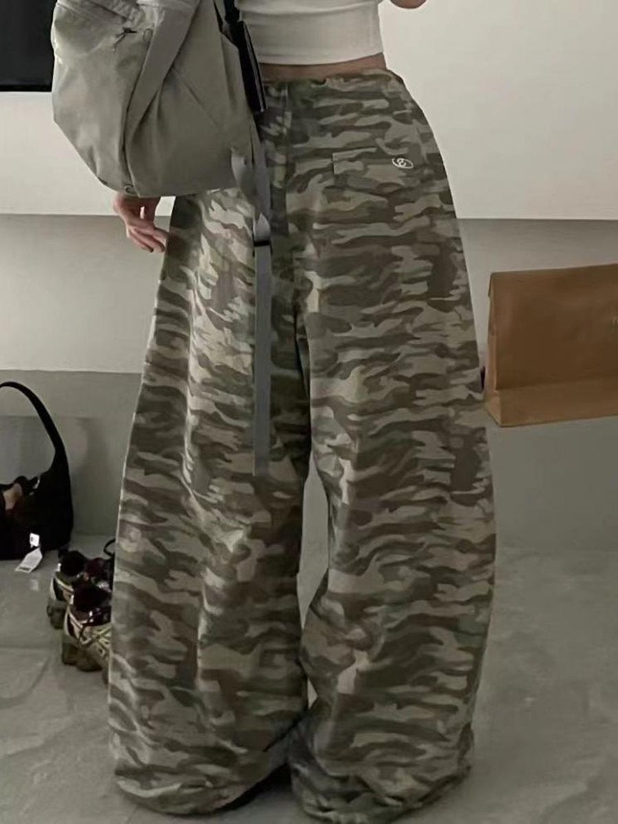 Camouflage Drawstring Trousers Loose Cargo Wide-leg Mopping Trousers