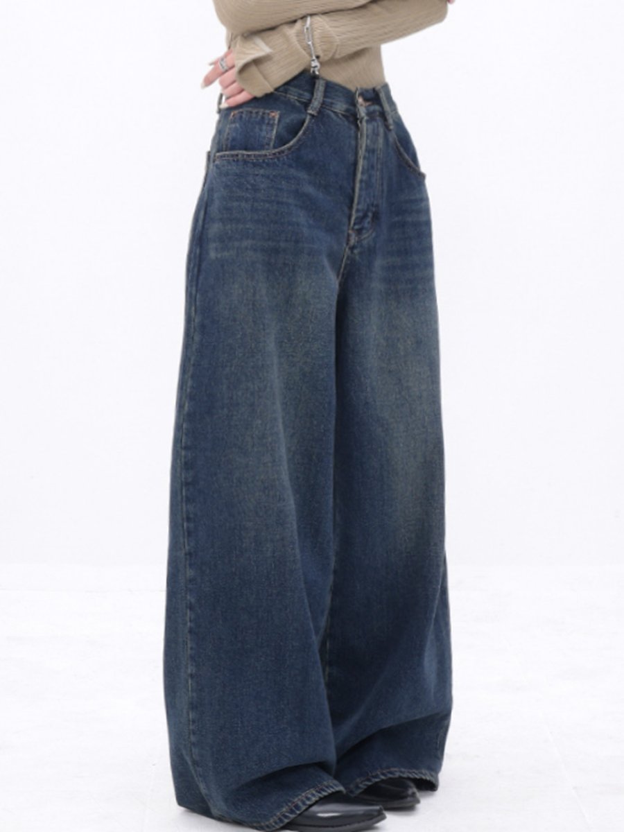 Fashion Retro High Waist Loose Straight Floor-length Wide-leg Jeans